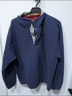 Orvis Quilted Navy Coat with Red Lining and Gray Trim